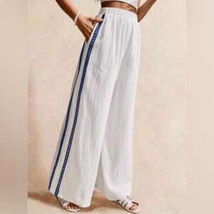 Poéselle 100% Cotton Women Solid Color Daily Long Pants W/Eye Pattern Embroider